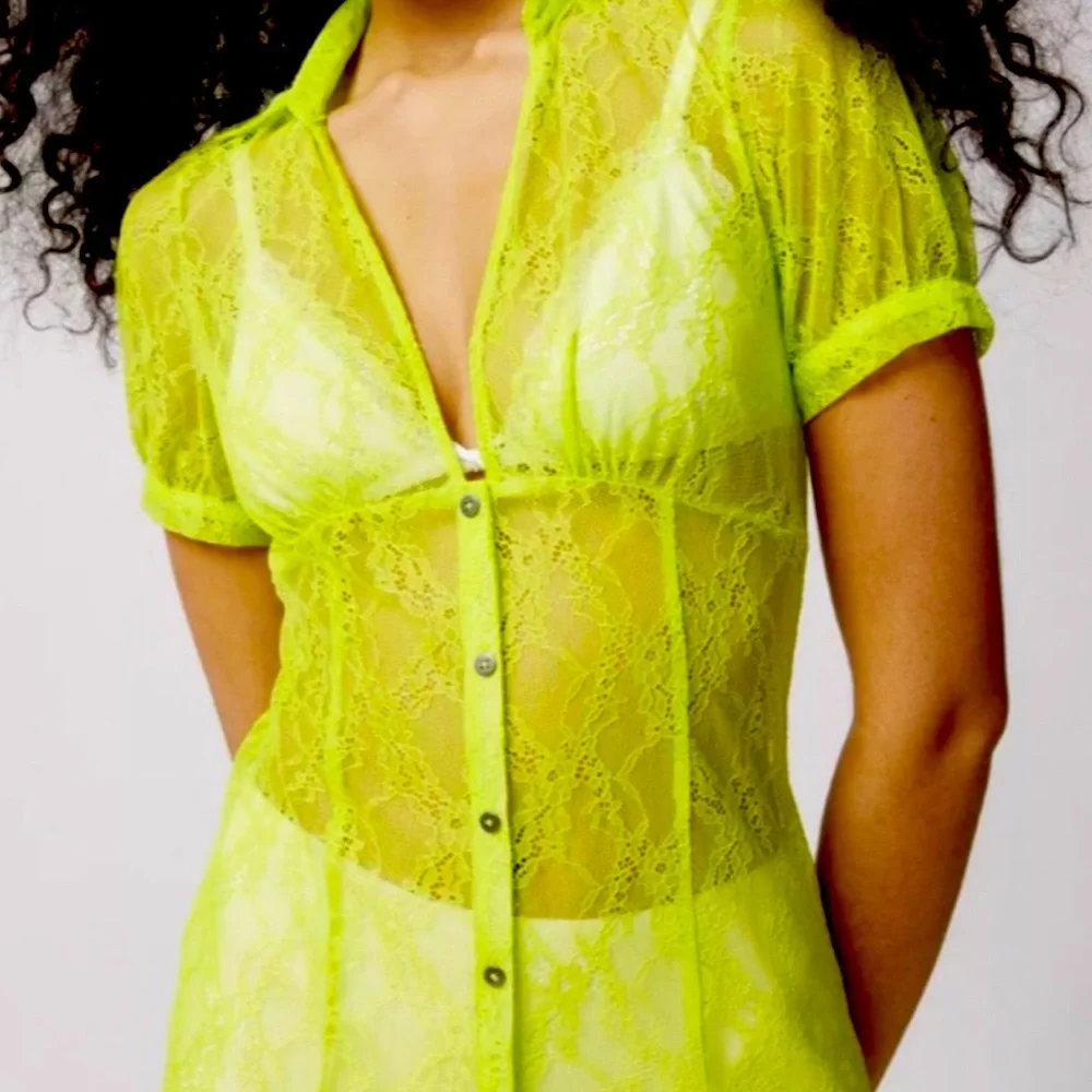 New Urban Outfitters Connie Sheer Lace Maxi Dress Size  Green Short Sleeve - Picture 5 of 13